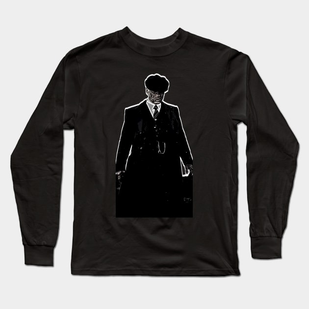 Thomas Shelby stands emotionally, well dressed, with a hat and looks down as abstract comic art (vers. 1) Long Sleeve T-Shirt by ComicPrint